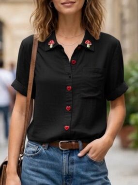Thorn & Fable Black Cropped Shirt with Red Heart Buttons - Size Medium